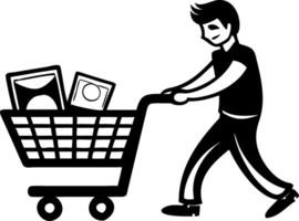 Man Pushing Shopping Cart with Framed Artworks for Home Decor and Retail Design vector