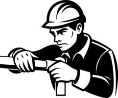 Skilled Worker Man Performance with Pipe Tool in Helmet Safety Gear Illustration vector