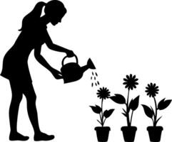 Silhouette of Woman Watering Potted Flowers for Gardening and Nature Enthusiasts vector