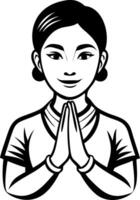 Graceful Asian Woman in Traditional Pose Hands Together Symbolizing Respect and Greeting vector