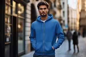 A man in a blue hoodie standing on a street photo