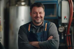A man in an apron standing in front of a machine photo