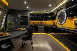 A modern kitchen with black and yellow accents photo