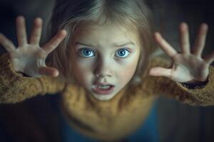 A young girl with blue eyes is making a face photo