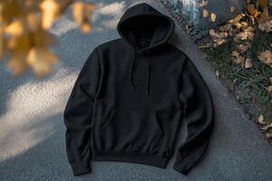 A black hoodie laying on the ground next to leaves photo