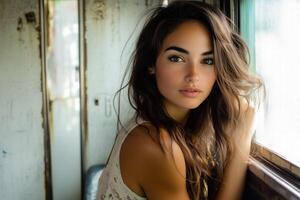 A beautiful young woman is leaning against a window photo