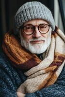 An older man with glasses and a scarf photo