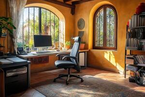 A home office with a desk and a computer photo