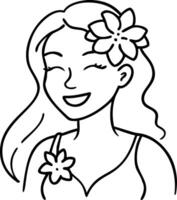 Cheerful Cartoon Woman with Flowers Smiling for Coloring Pages and Tattoo Designs vector