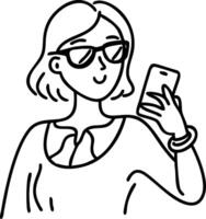 Stylish Woman Using Smartphone in Sunglasses Line Art Illustration vector