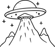 UFO Abduction Illustration with Mountains and Stars Ideal for Tattoos and Creative Projects vector