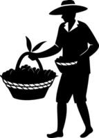 Farmer Collecting Fresh Fruits in Baskets Silhouette Design for Agriculture and Harvest Themes vector