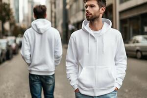 Two men wearing white hoodies on the street photo