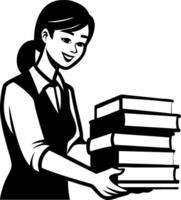 Happy Woman Holding Stack of Books Ideal for Educational Themes and Library Illustrations vector