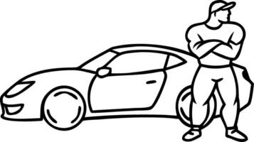 Strong Man Leaning on Sporty Car Stylish Outline Illustration for Custom Graphics vector