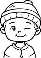 Cute Cartoon Boy Winking in Beanie Cheerful Happy Expression for Coloring Books vector