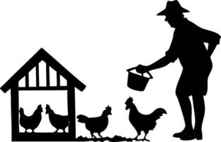Farmer Feeding Chickens Silhouette with Chicken Coop Ideal for Farm-Themed Designs vector