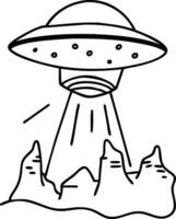 UFO Abduction Scene with Mountains Featuring Alien Spaceship and Beam of Light Design vector