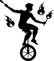 Dynamic Fire Juggler on Unicycle Performing Thrilling Circus Act in Silhouette vector