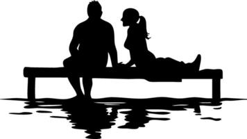 Couple Sitting Silhouetted on Dock at Sunset with Reflections in Still Water vector