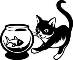 Curious Cat Approaches Fish Bowl Playful Interaction Between Cat and Goldfish vector
