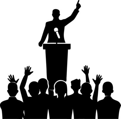 Dynamic Speaker Engaging Audience with Raised Hands in Silhouette Illustration