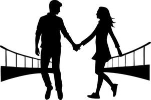 Silhouette of a Couple Holding Hands with Bridges in Background for Romantic Designs vector