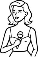 Cheerful Woman Singing with Microphone in Elegant Dress for Creative Design Projects vector