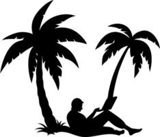Relaxing Man Under Palm Trees Working on Laptop in Tropical Paradise Illustration vector