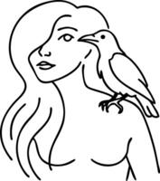 Elegant Woman with Bird on Shoulder Minimalist Line Art for Tattoos and Coloring Books vector