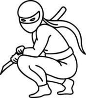 Ninja Warrior Silhouette with Sword in Crouching Pose for Tattoo Design and Coloring Book vector