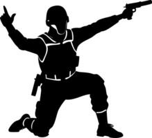 Dynamic Silhouette of a Tactical Soldier in Action with Pistol Gesture for Military Themes vector