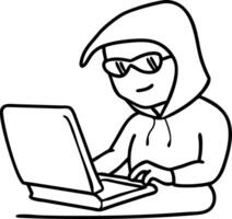 Cartoon Hacker Working on Laptop in Hoodie Black Outline Illustration for Digital Content vector