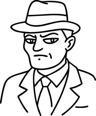 Stylized Detective Character Illustration with Fedora Hat and Sharp Suit Design