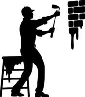 Painter Working on Wall Mural with Roller and Stool for Home Renovation and Decor vector