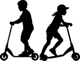 Dynamic Silhouette of Children Riding Scooters Perfect for Fun Illustrations and Designs vector