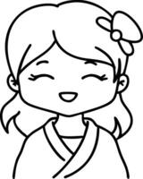Cute Smiling Girl in Traditional Kimono with Bow for Coloring Book and Kids Activities vector