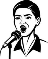 Bold Female Singer with Microphone Expressing Passionate Performance in Black and White Style vector
