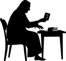 Silhouette of an Elderly Woman Sitting at a Table Reading a graph Surrounded by Books vector