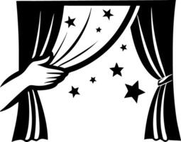 Hand Pulling Back Curtain Revealing Starry Sky Ideal for Invitations and Creative Projects vector