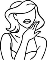 Elegant Line Art Portrait of a Woman with Long Hair and Posed Hand Gesture for Creative Projects vector