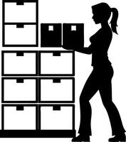 Woman Organizing Storage Boxes in a Warehouse Setting for Efficient Inventory Management vector