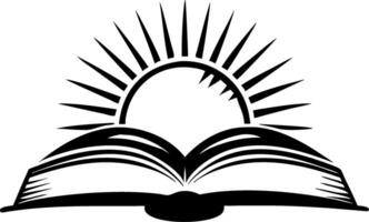 Open Book with Rising Sun Emblem Symbolizing Knowledge and Enlightenment vector