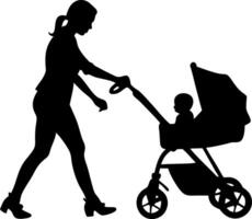 Mother Walking with Baby in Stroller Silhouette Design for Parenting and Family Themes vector