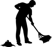 Worker Sweeping Up Debris with Broom for Cleaning Service or Home Improvement Projects vector