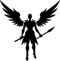 Powerful Winged Warrior Holding Spear in Dynamic Pose Ideal for Fantasy Artwork and Tattoos vector