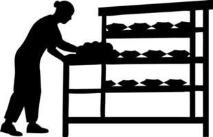 Baker Organizing Fresh Bread on Display Rack for Bakery Shop Use vector