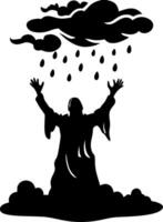 Divine Figure Embracing Rain with Outstretched Arms in a Dramatic Stormy Scene vector
