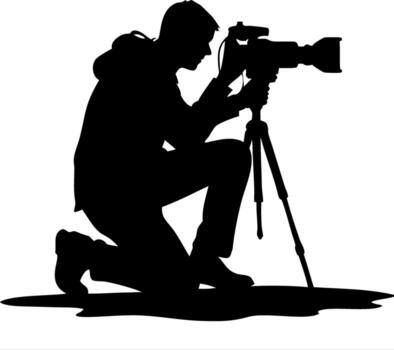 Silhouette of grapher Kneeling with Camera Ready for Capture in Dynamic Position vector