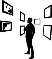 Silhouette of a Man Admiring Art in a Gallery with Picture Frames vector